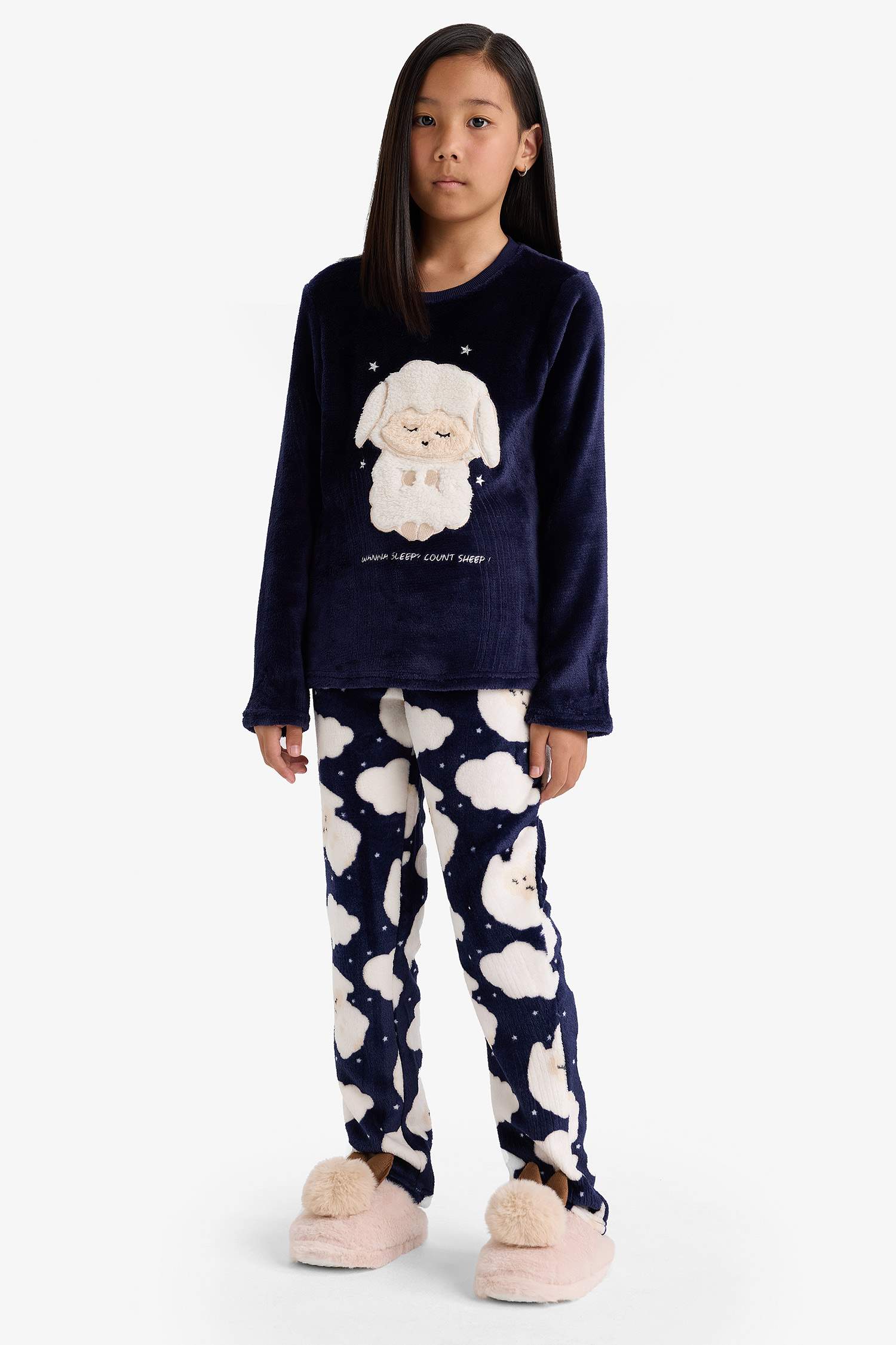 Girls Pajama Set Plush Printed Long Sleeve Top and Patterned Long Bottom