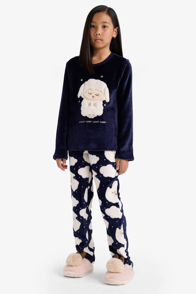 Girls Pajama Set Plush Printed Long Sleeve Top and Patterned Long Bottom Hover Image