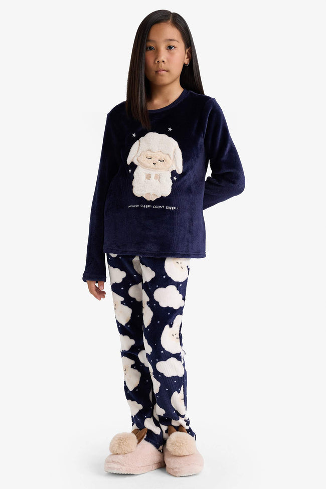 Girls Pajama Set Plush Printed Long Sleeve Top and Patterned Long Bottom Main Image