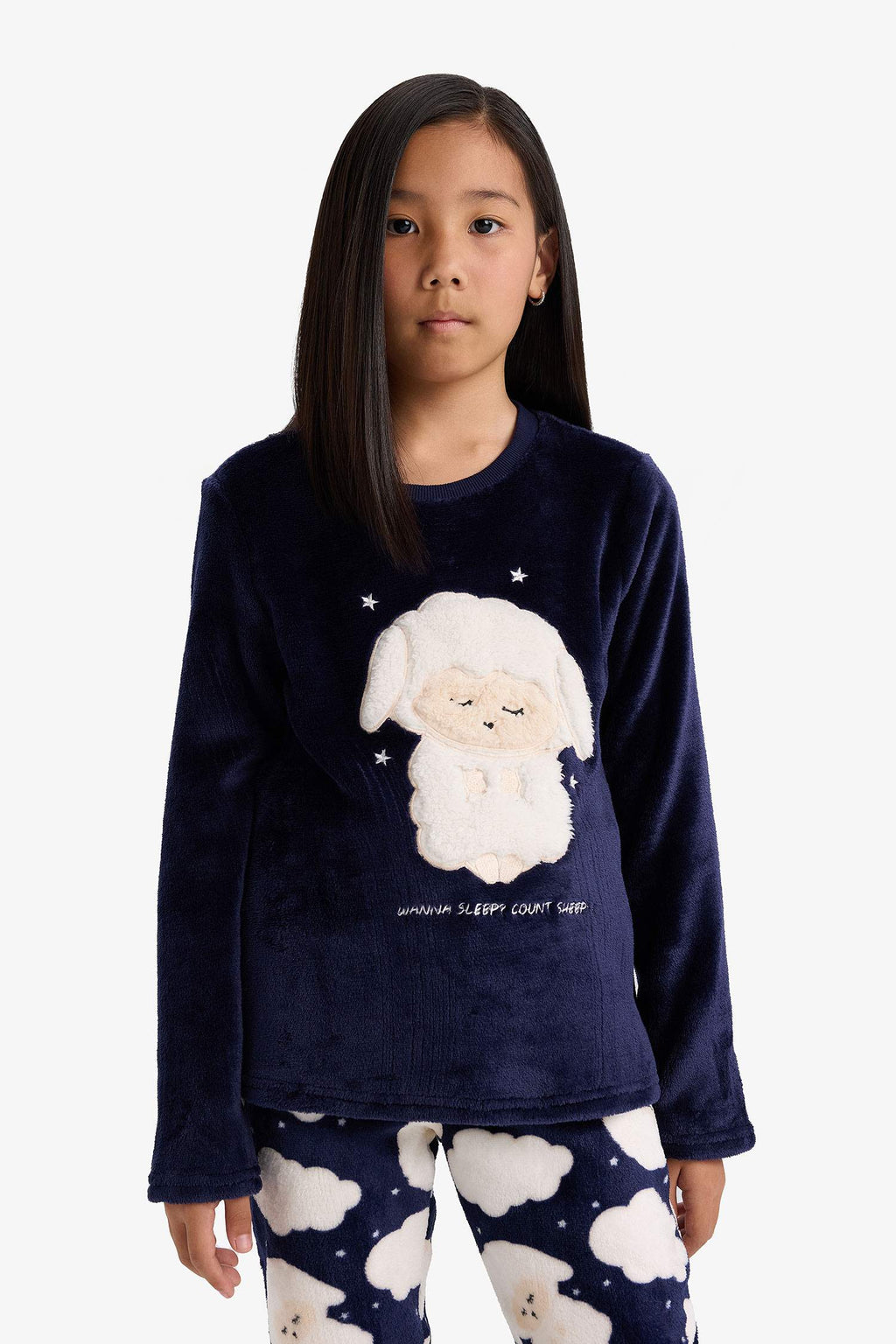 Girls Pajama Set Plush Printed Long Sleeve Top and Patterned Long Bottom