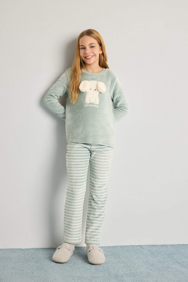 Girls' Pajama Set: Fleece Long-Sleeved Top and Long Bottoms Hover Image
