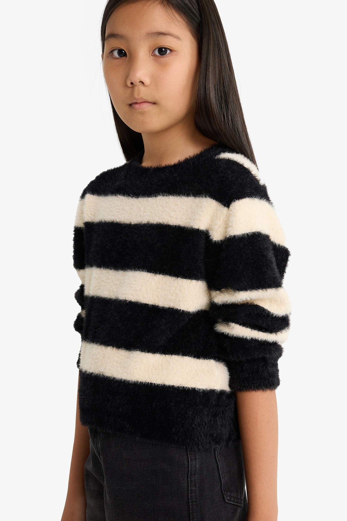Girls' Crew Neck Striped Knit Sweater