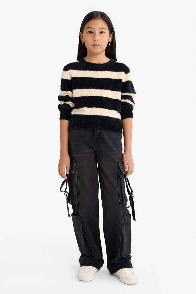 Girls' Crew Neck Striped Knit Sweater Main Image