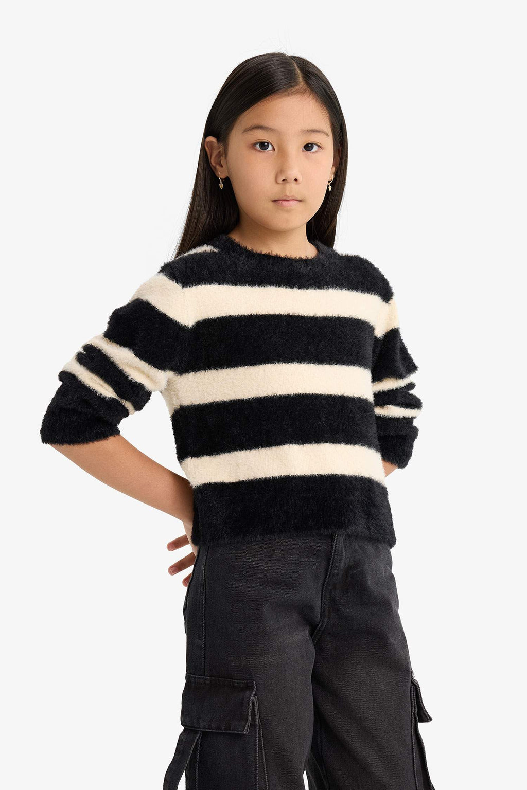 Girls' Crew Neck Striped Knit Sweater