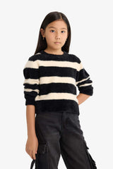 Girls' Crew Neck Striped Knit Sweater