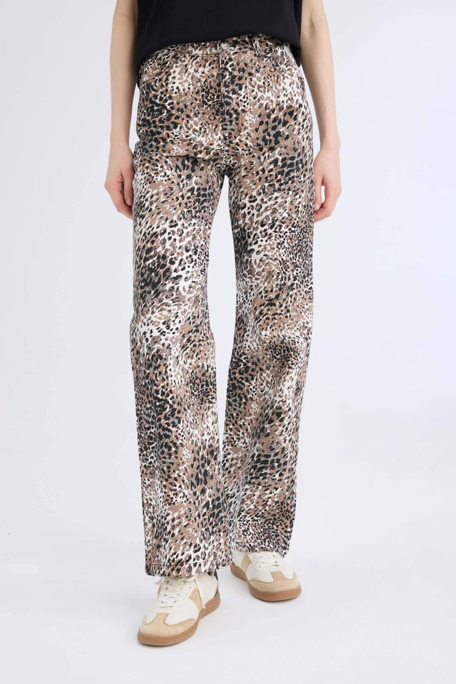 Straight Fit High Waist Snake Patterned Gabardine Trousers Hover Image