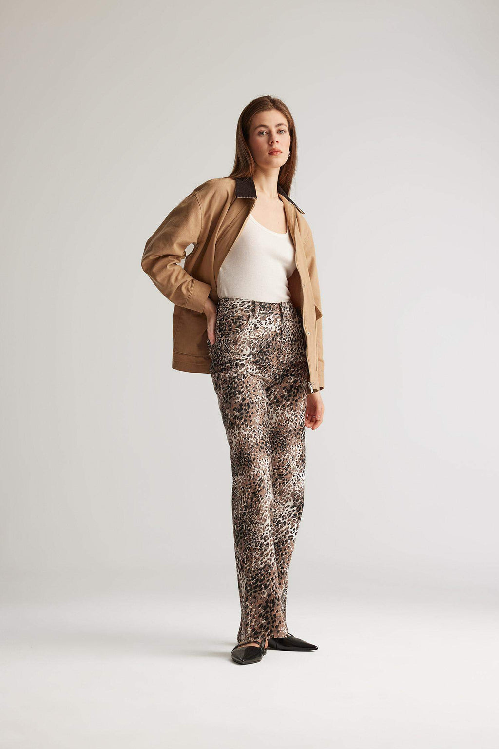 Straight Fit High Waist Snake Patterned Gabardine Trousers