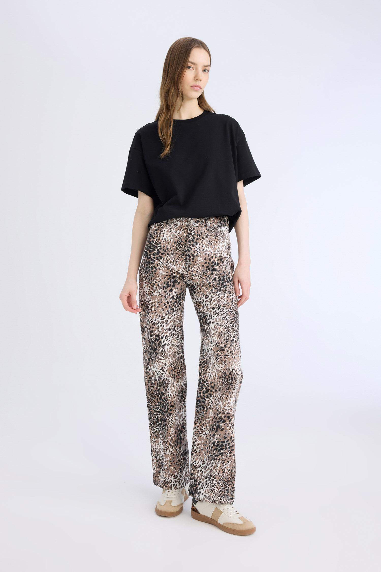 Straight Fit High Waist Snake Patterned Gabardine Trousers