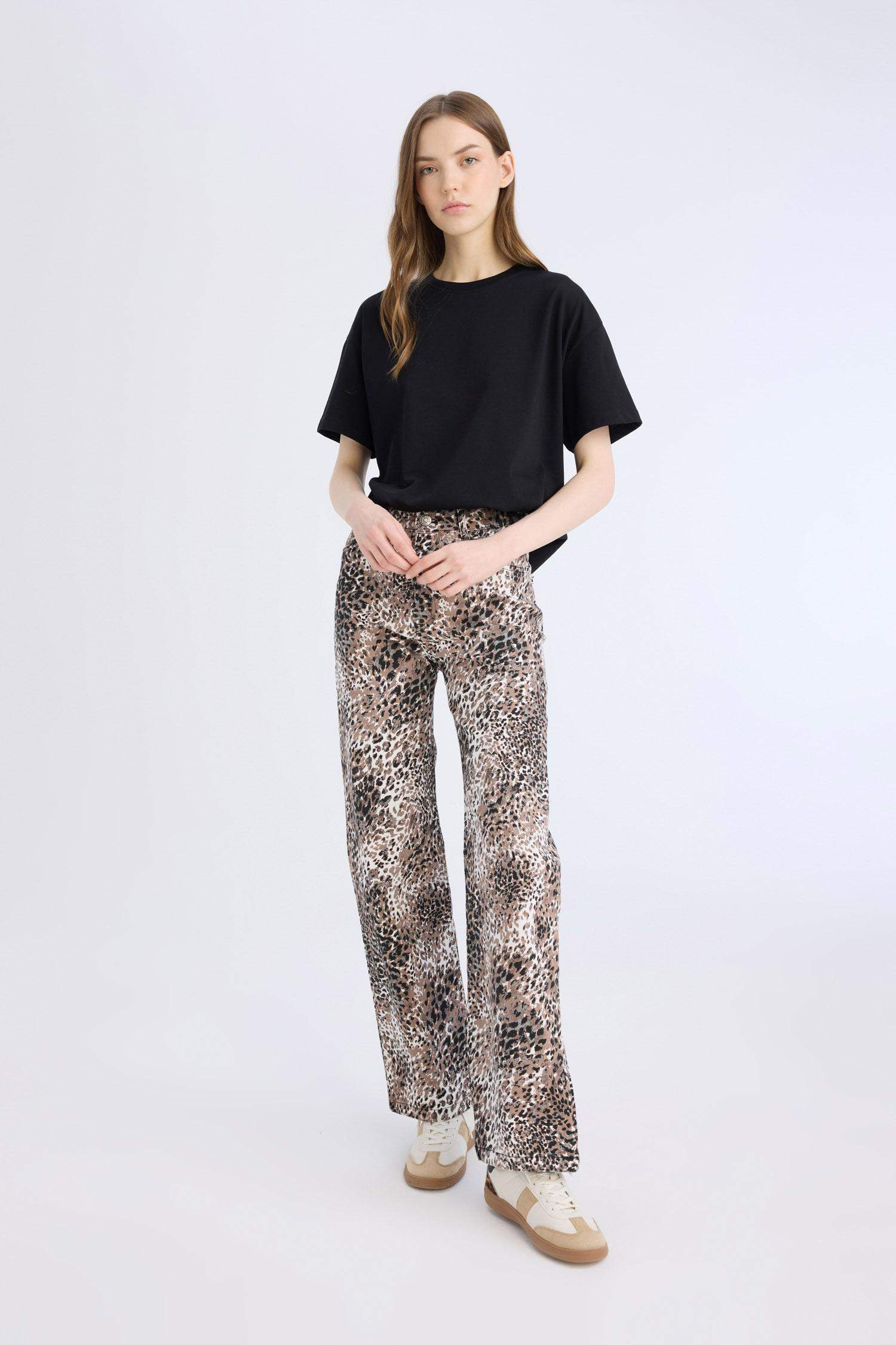 Straight Fit High Waist Snake Patterned Gabardine Trousers