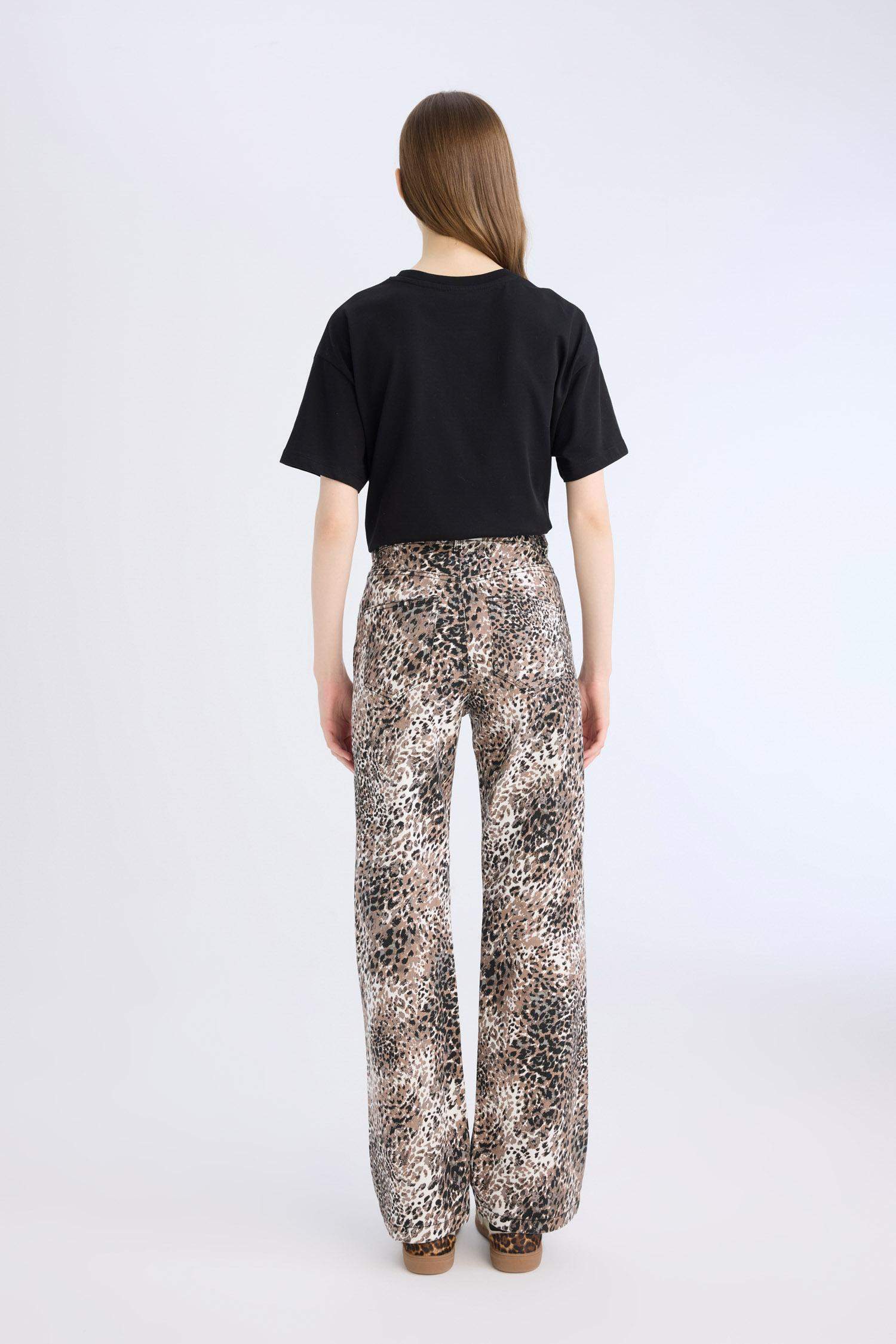 Straight Fit High Waist Snake Patterned Gabardine Trousers