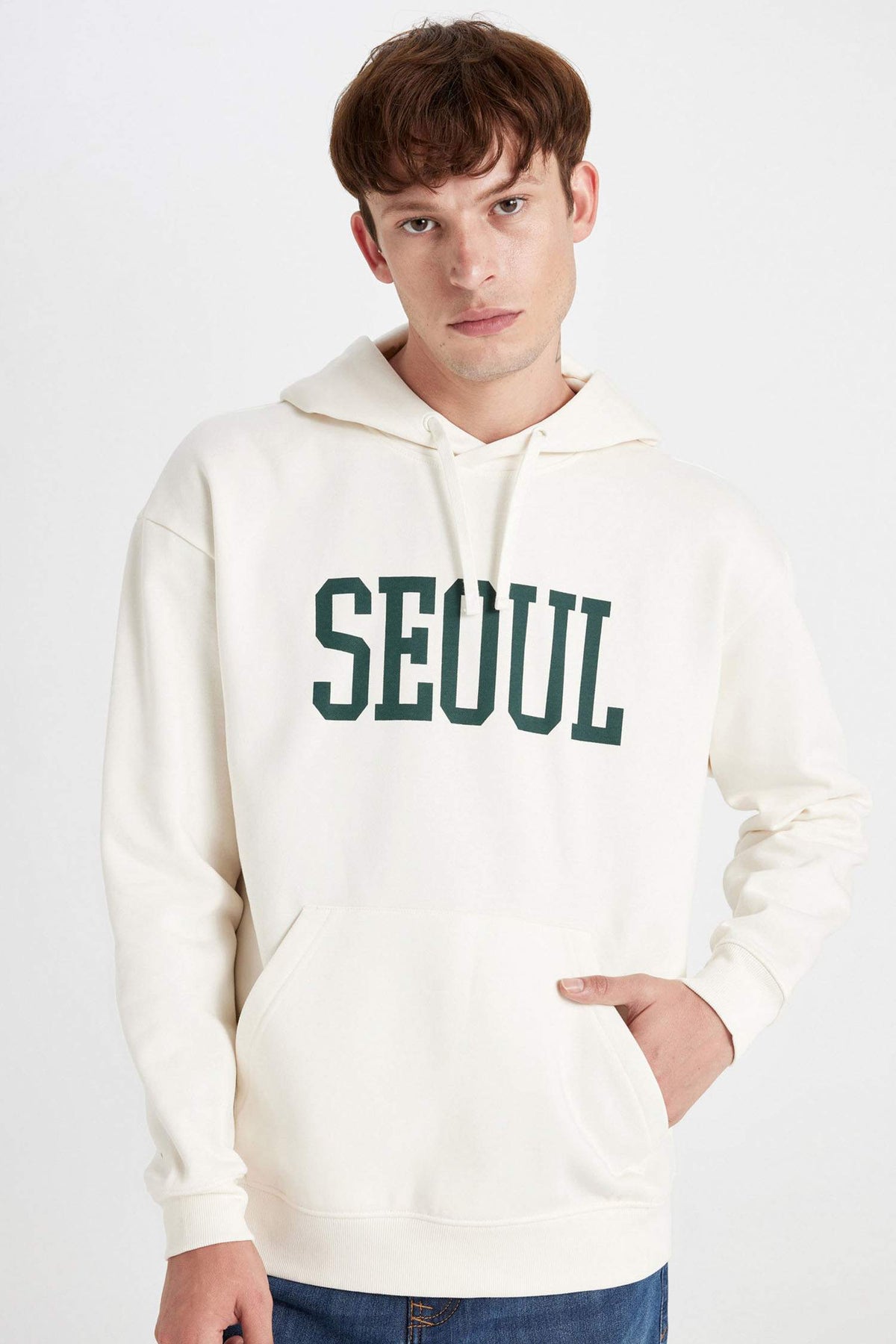 Boxy Fit Hooded Pocket Printed Sweatshirt