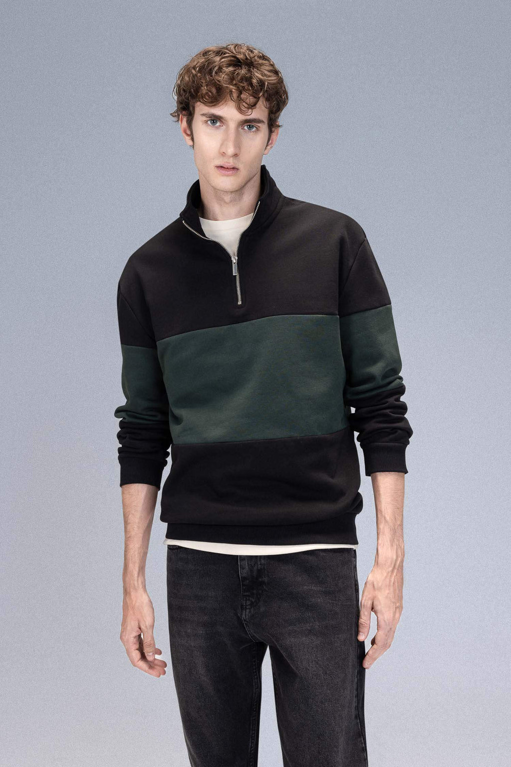 Comfort Regular Fit Casual Fit Stand Collar Zippered Striped Thick Sweatshirt