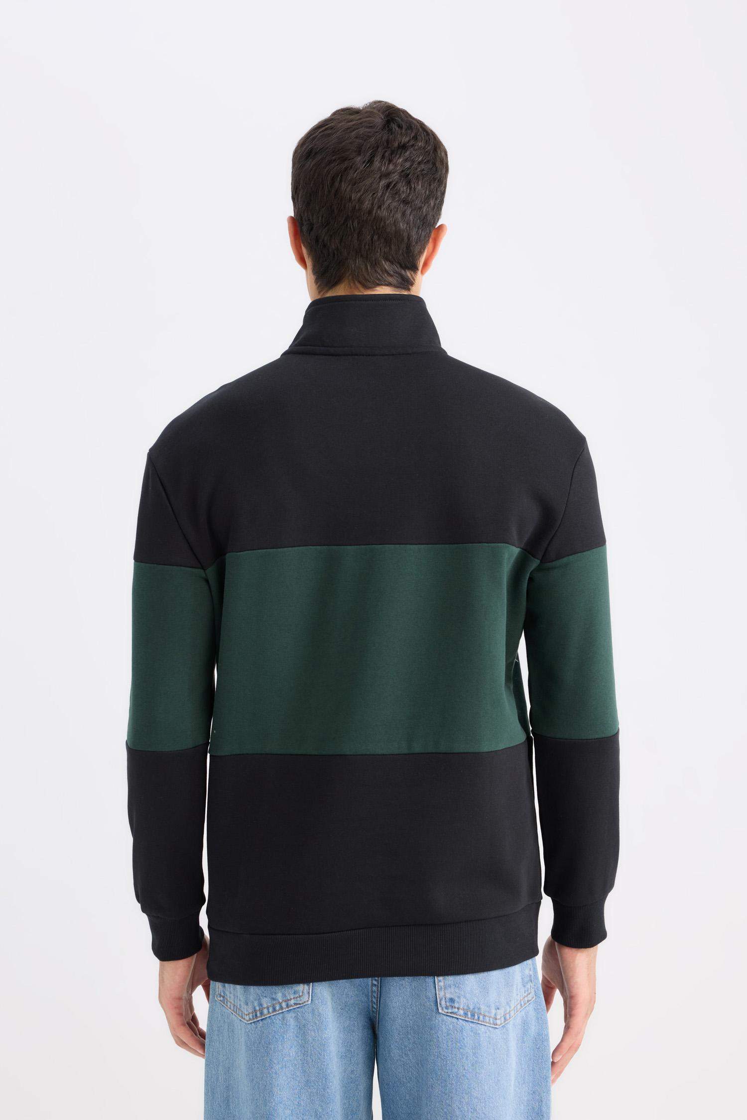 Comfort Regular Fit Casual Fit Stand Collar Zippered Striped Thick Sweatshirt