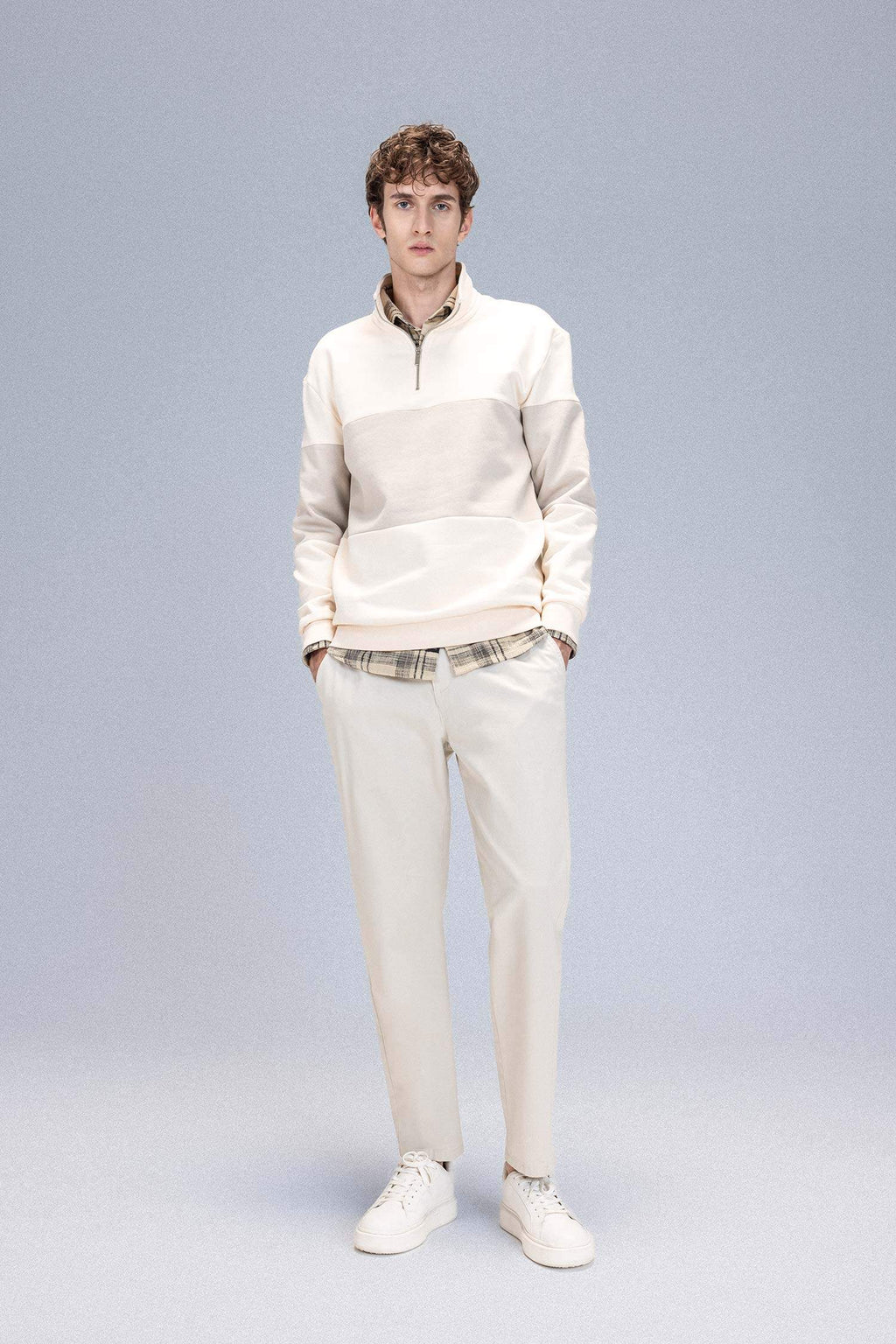 Comfort Regular Fit Casual Fit Stand Collar Zippered Striped Thick Sweatshirt