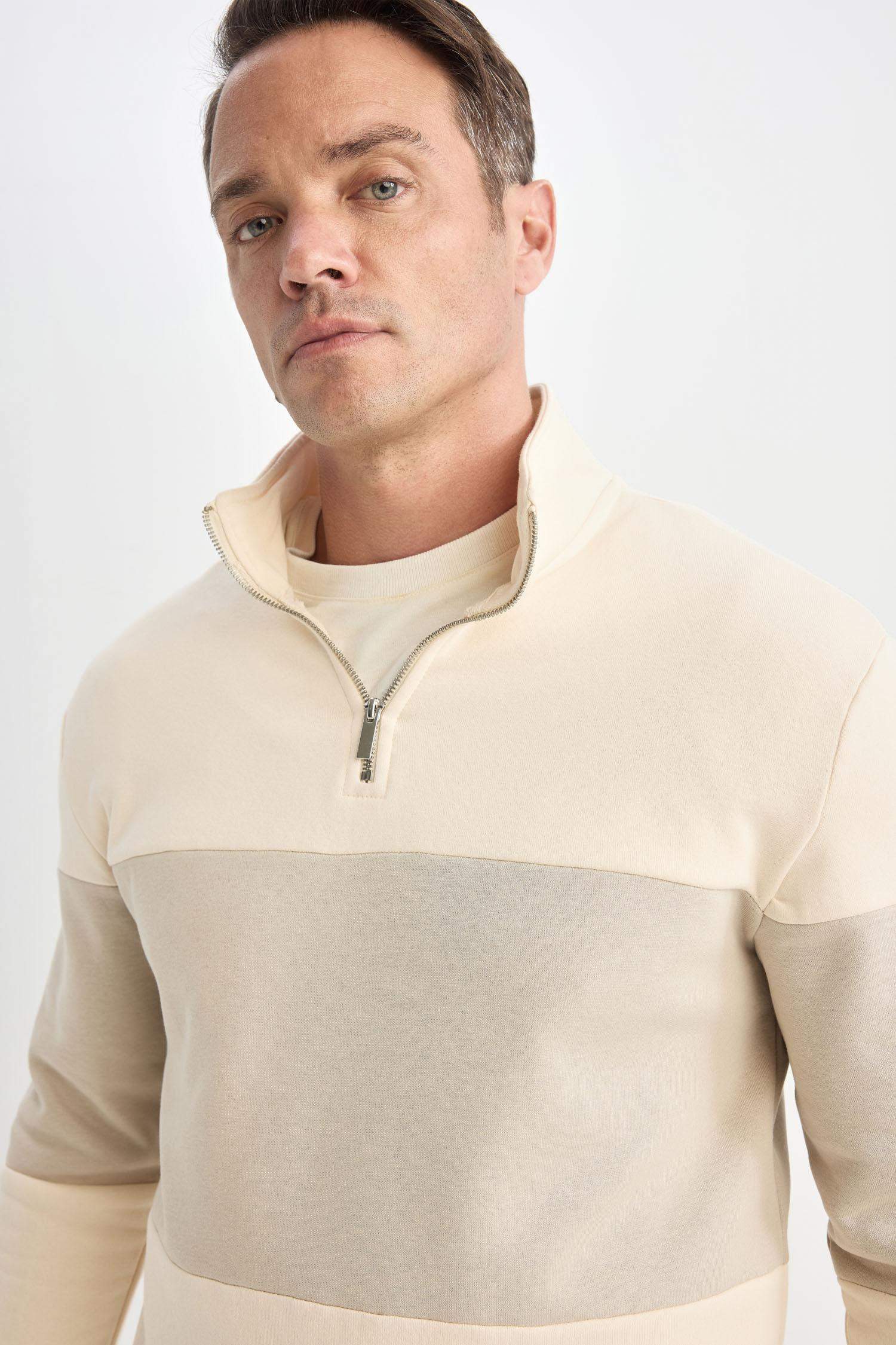 Comfort Regular Fit Casual Fit Stand Collar Zippered Striped Thick Sweatshirt