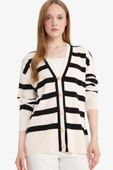 Regular Fit V-Neck Striped Buttoned Tunic Knit Cardigan