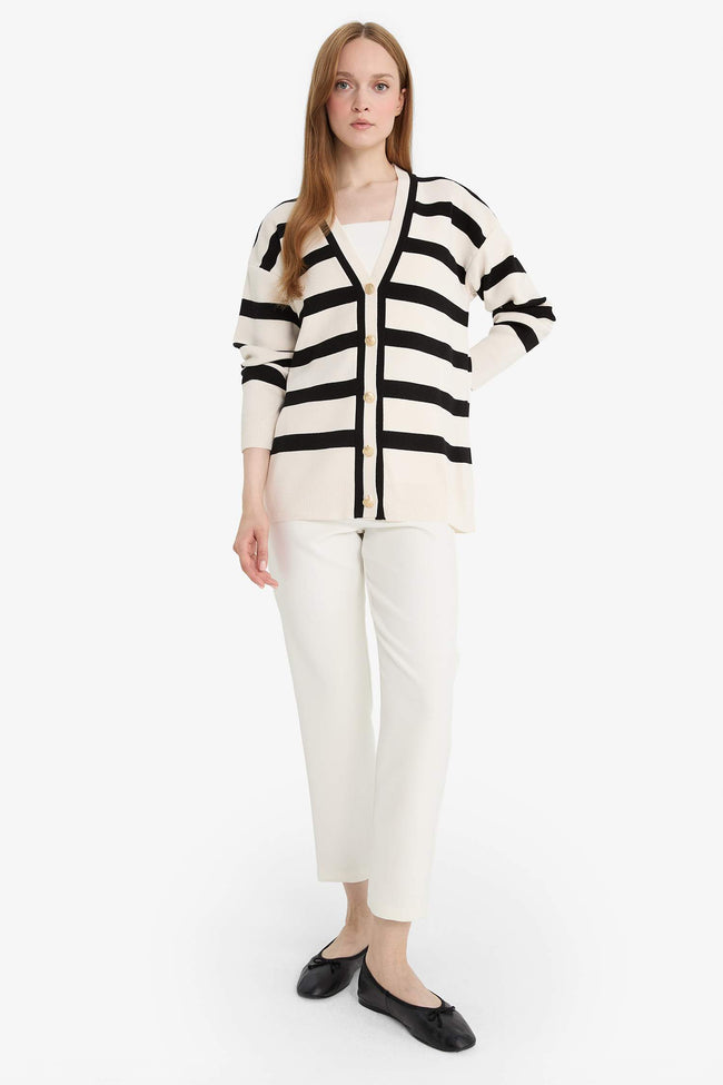 Regular Fit V-Neck Striped Buttoned Tunic Knit Cardigan Main Image
