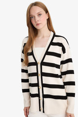 Regular Fit V-Neck Striped Buttoned Tunic Knit Cardigan