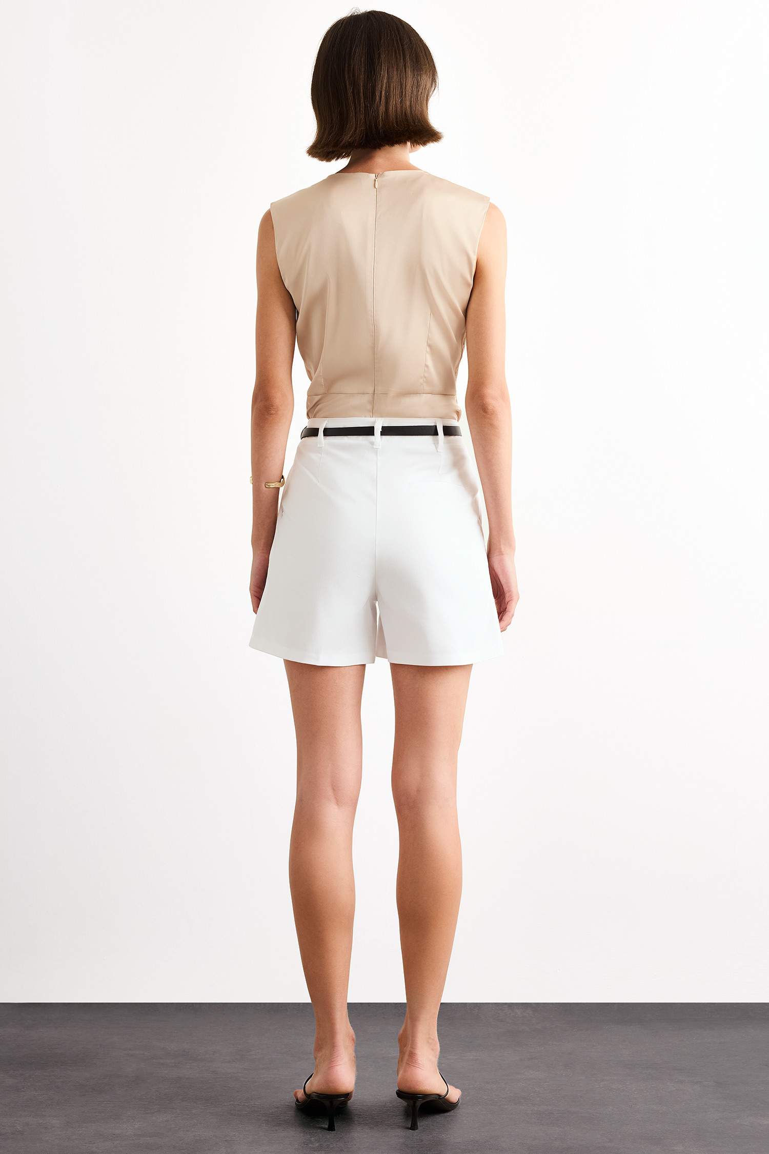 High Waist Belted Short Leg White Shorts
