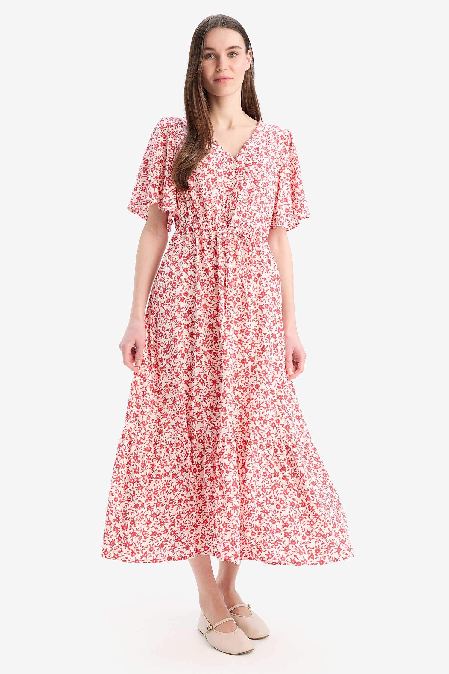 V-Neck Strawberry Patterned Lace-Up Short Sleeve Midi Summer Dress