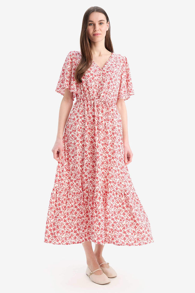 V-Neck Strawberry Patterned Lace-Up Short Sleeve Midi Summer Dress Hover Image