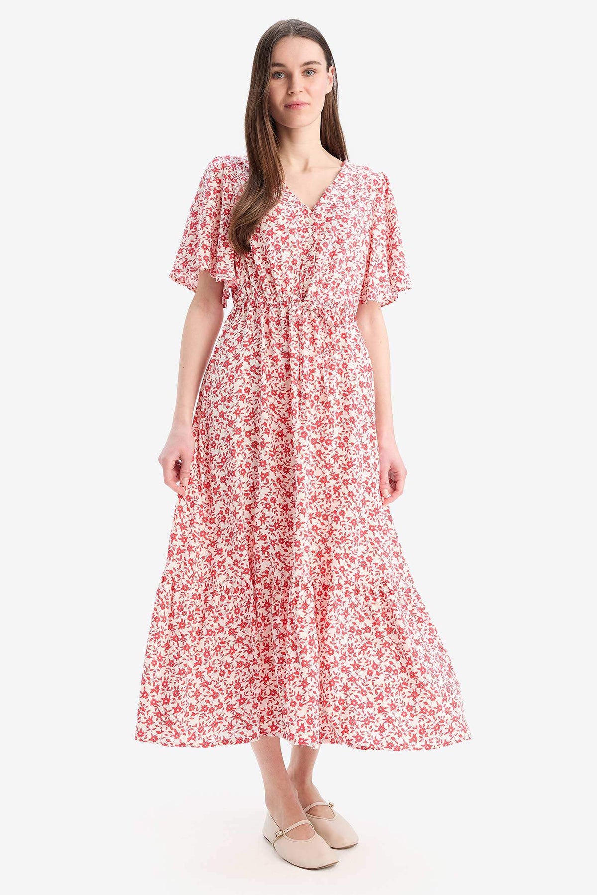 V-Neck Strawberry Patterned Lace-Up Short Sleeve Midi Summer Dress