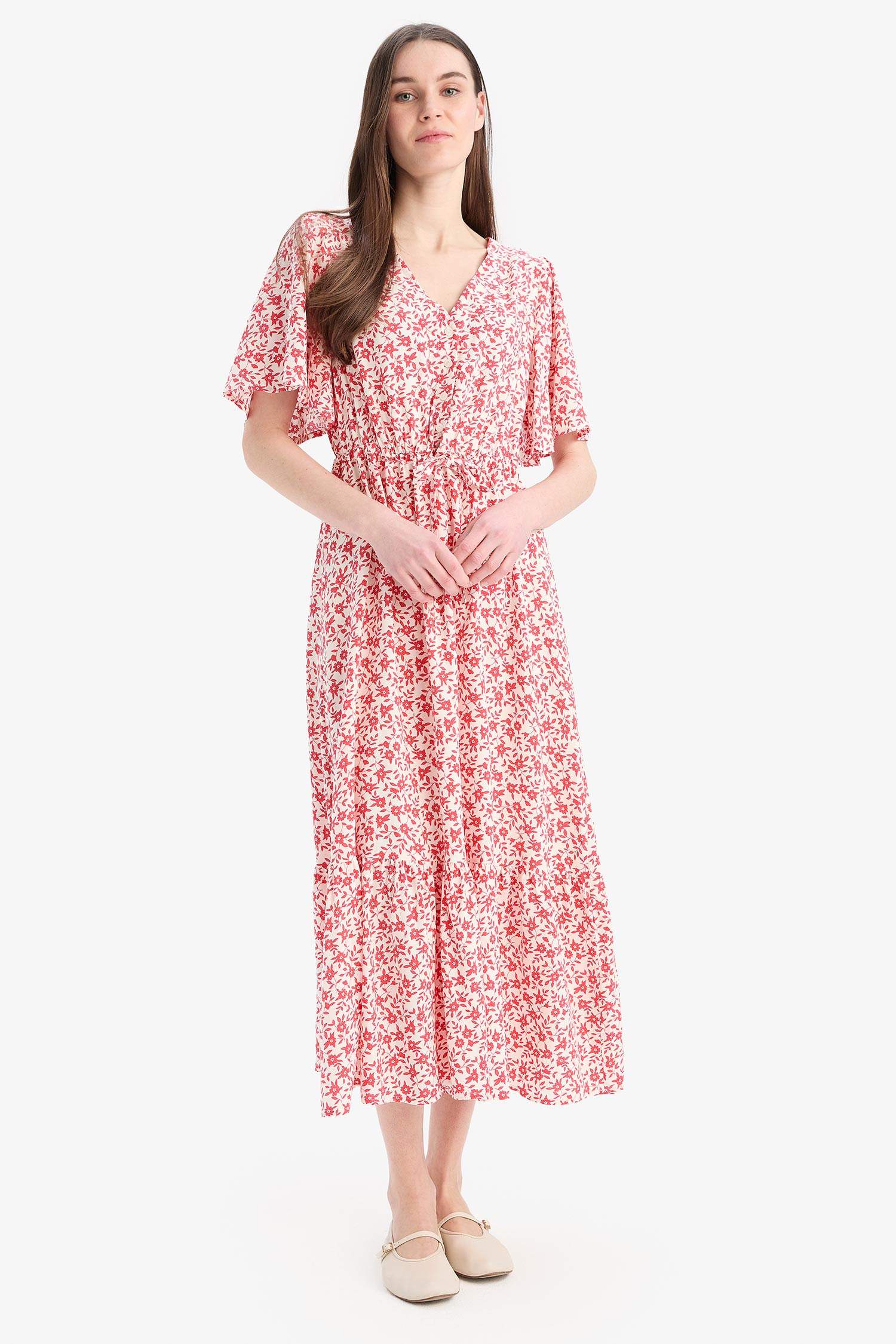 V-Neck Strawberry Patterned Lace-Up Short Sleeve Midi Summer Dress