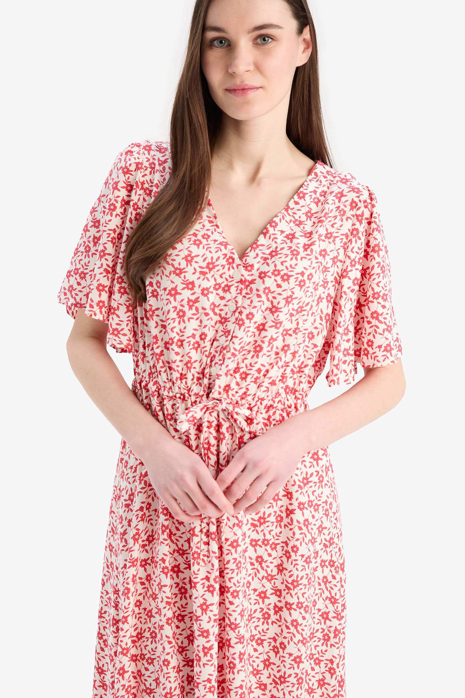 V-Neck Strawberry Patterned Lace-Up Short Sleeve Midi Summer Dress