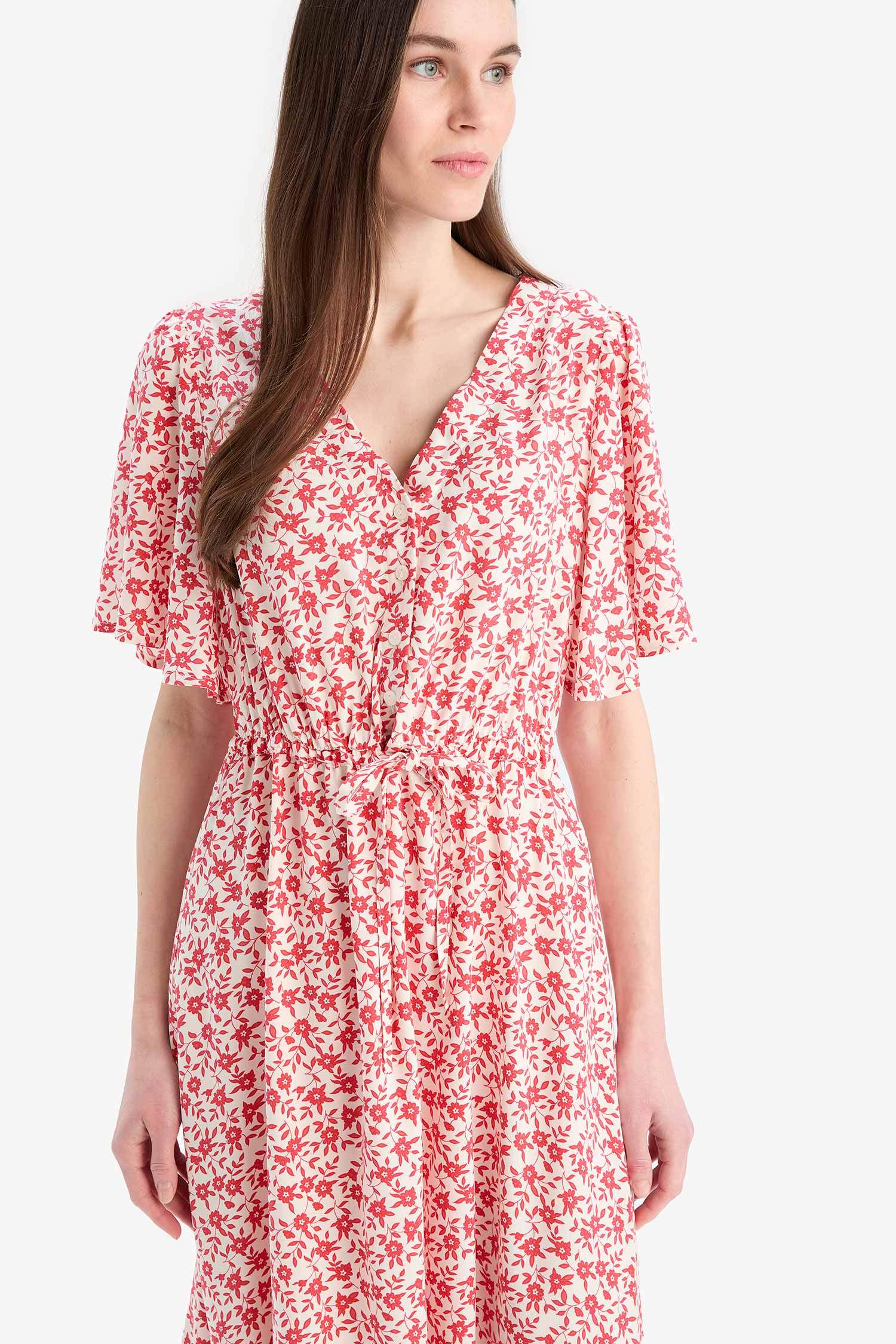 V-Neck Strawberry Patterned Lace-Up Short Sleeve Midi Summer Dress