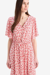 V-Neck Strawberry Patterned Lace-Up Short Sleeve Midi Summer Dress