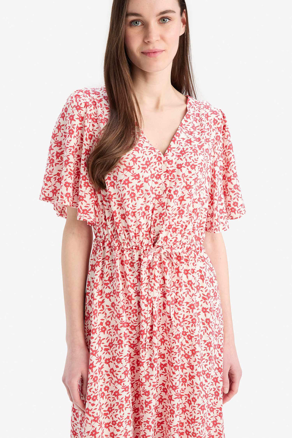 V-Neck Strawberry Patterned Lace-Up Short Sleeve Midi Summer Dress