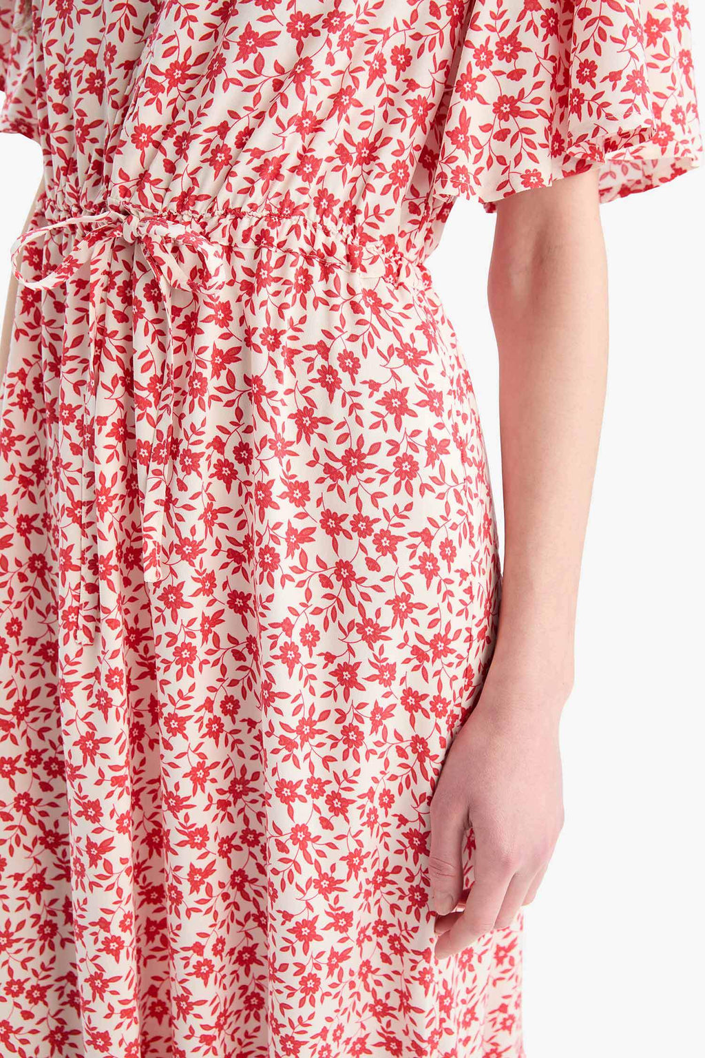 V-Neck Strawberry Patterned Lace-Up Short Sleeve Midi Summer Dress