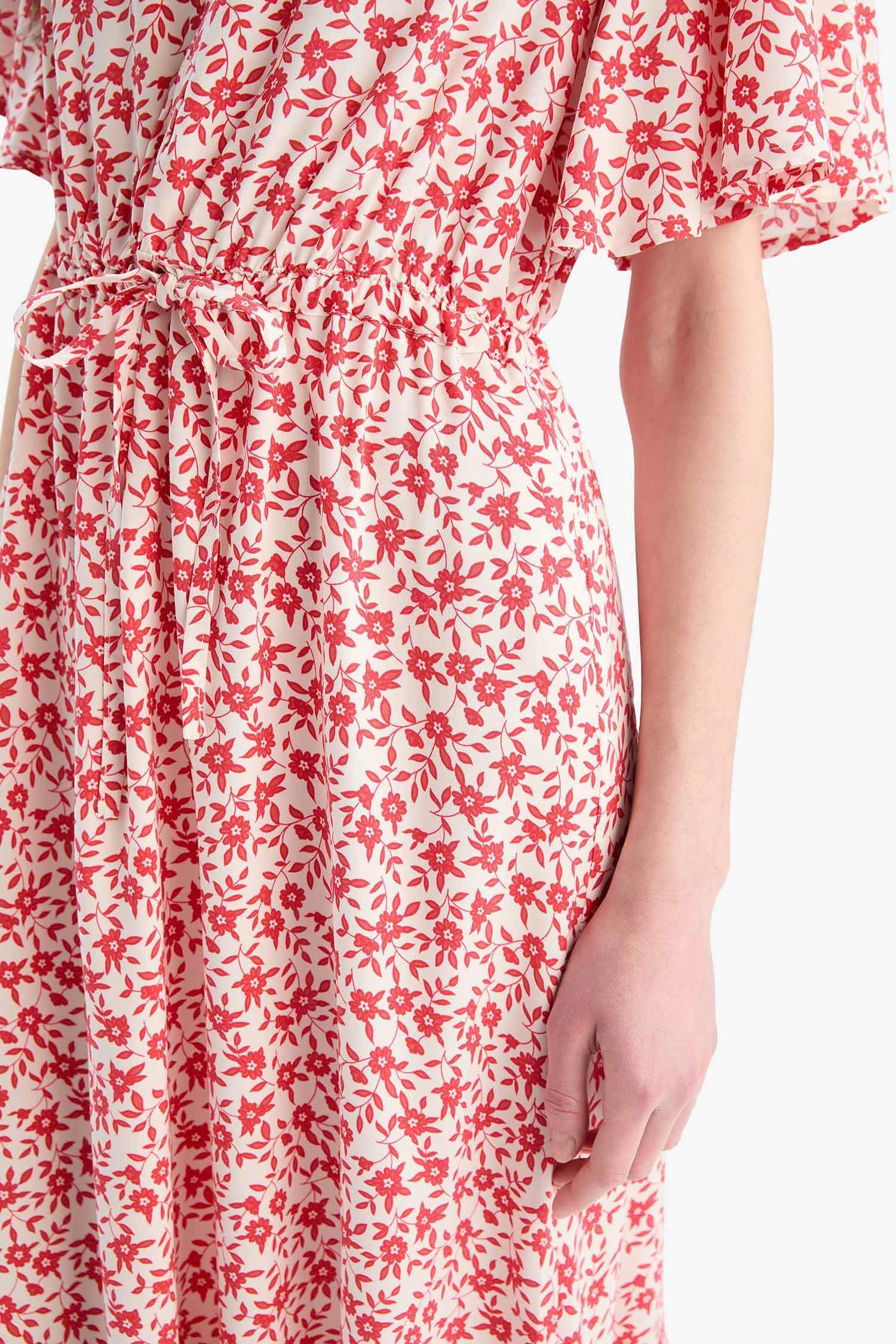 V-Neck Strawberry Patterned Lace-Up Short Sleeve Midi Summer Dress
