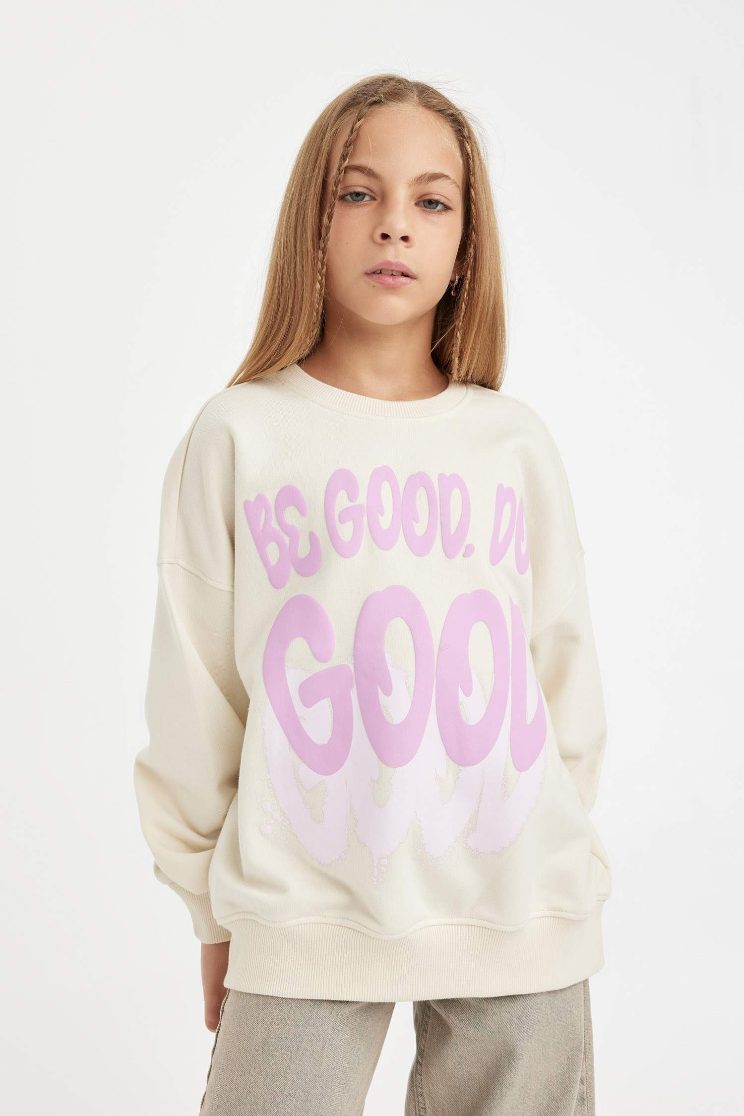 Girls Oversize Wide Pattern Crew Neck Printed Sweatshirt