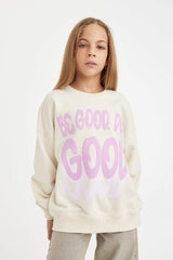 Girls Oversize Wide Pattern Crew Neck Printed Sweatshirt