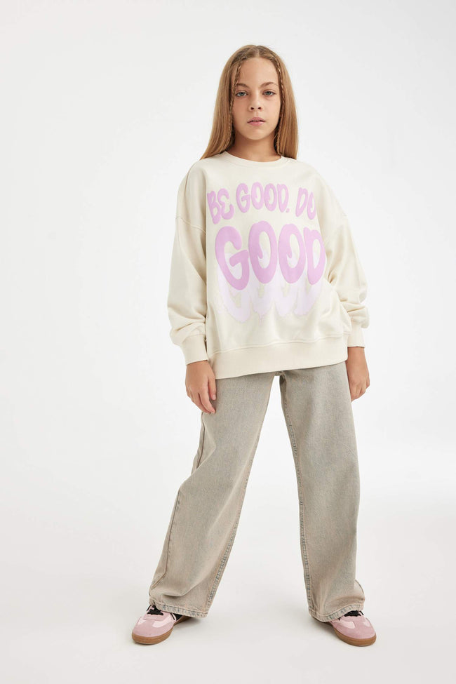 Girls Oversize Wide Pattern Crew Neck Printed Sweatshirt Main Image