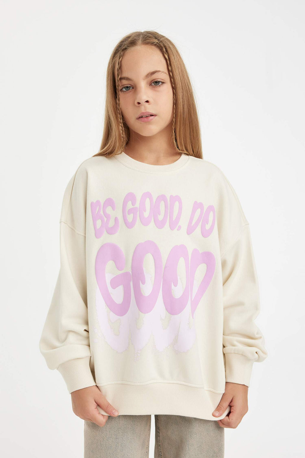 Girls Oversize Wide Pattern Crew Neck Printed Sweatshirt