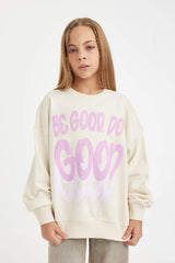 Girls Oversize Wide Pattern Crew Neck Printed Sweatshirt