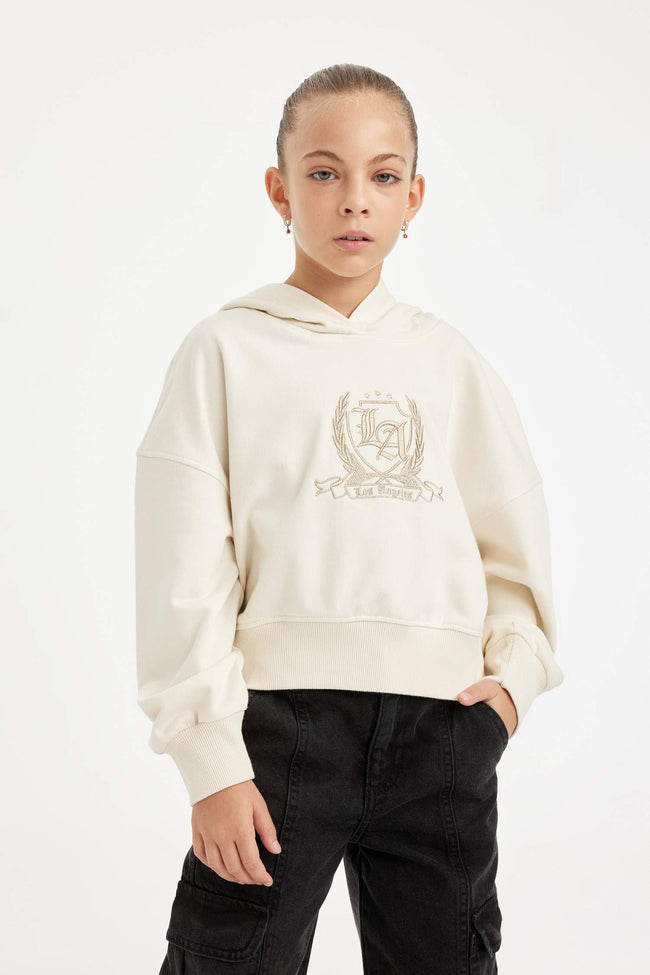 Girls Ecru Oversize Wide Pattern Hooded Embroidered Sweatshirt Hover Image