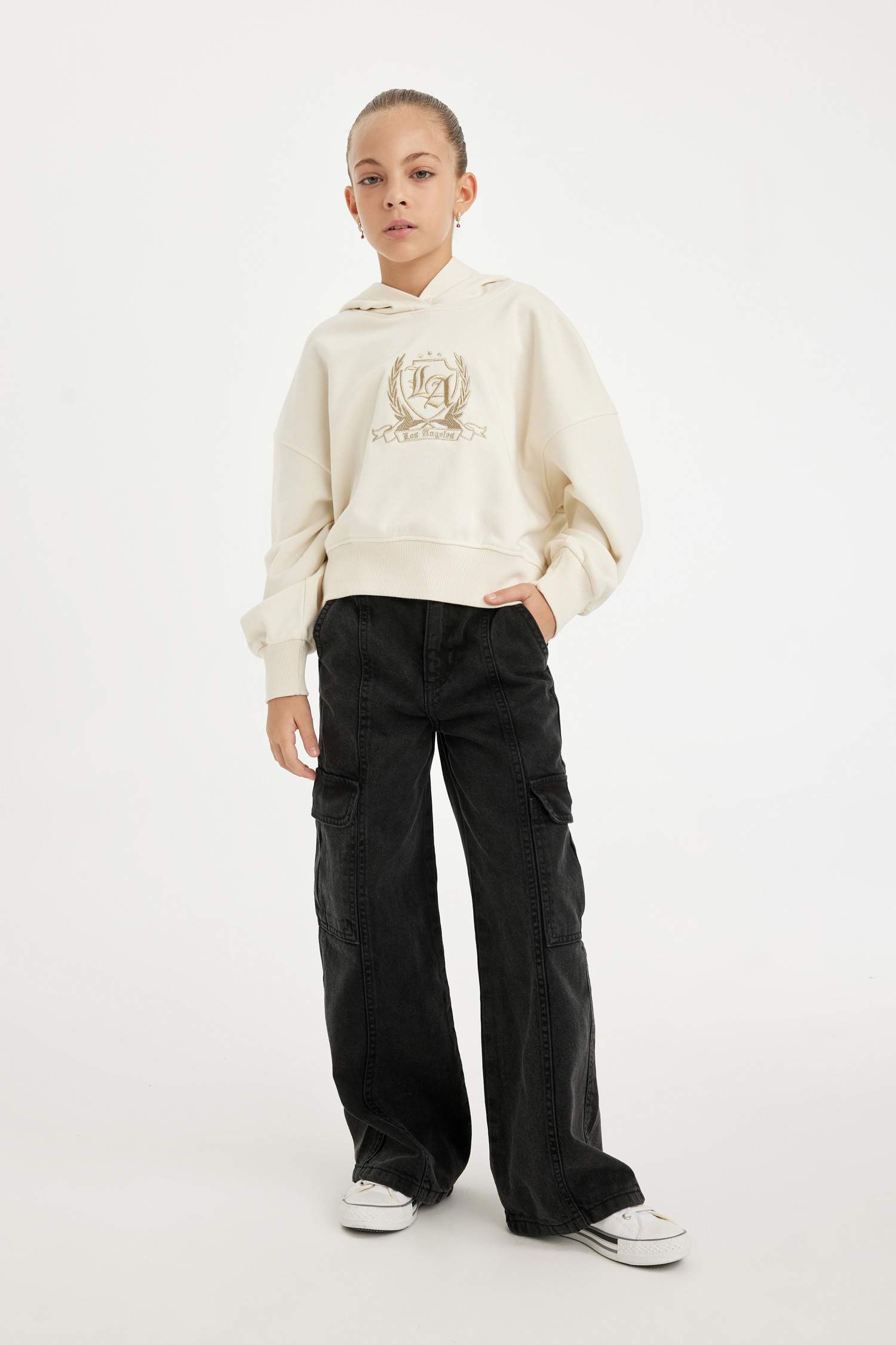 Girls Ecru Oversize Wide Pattern Hooded Embroidered Sweatshirt