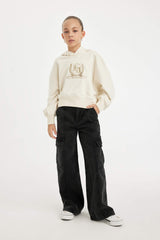 Girls Ecru Oversize Wide Pattern Hooded Embroidered Sweatshirt