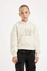 Girls Ecru Oversize Wide Pattern Hooded Embroidered Sweatshirt