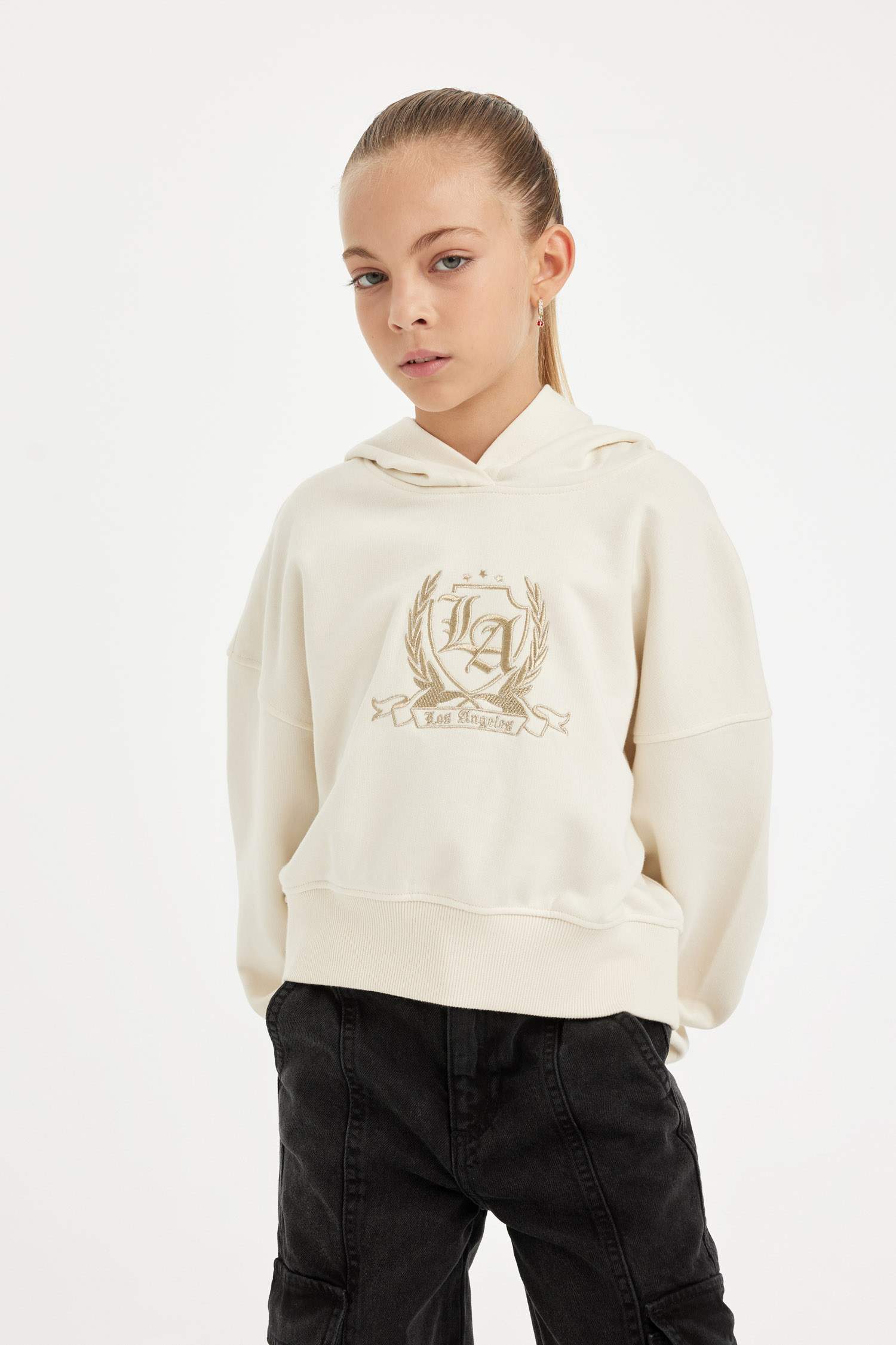 Girls Ecru Oversize Wide Pattern Hooded Embroidered Sweatshirt