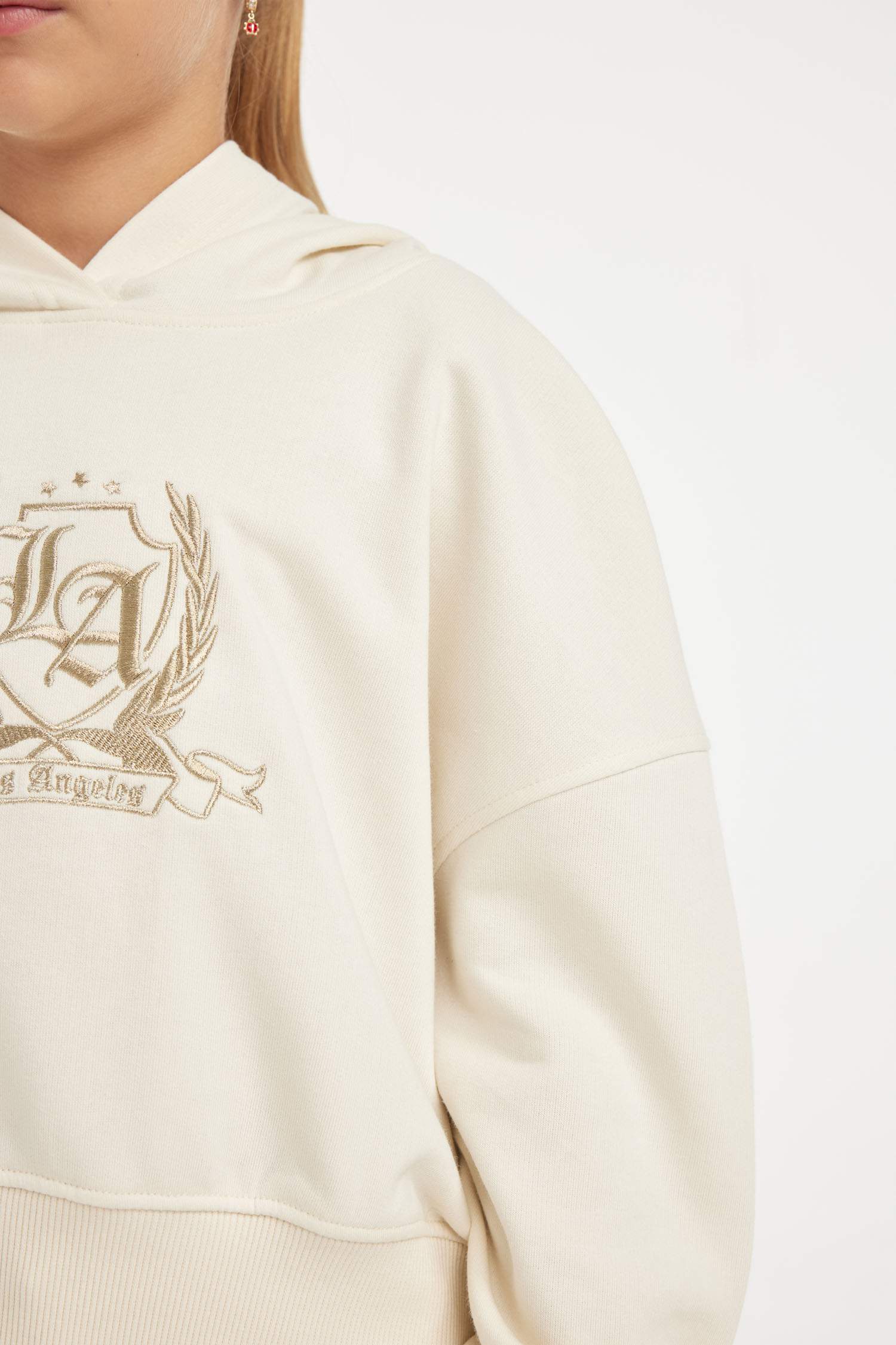 Girls Ecru Oversize Wide Pattern Hooded Embroidered Sweatshirt