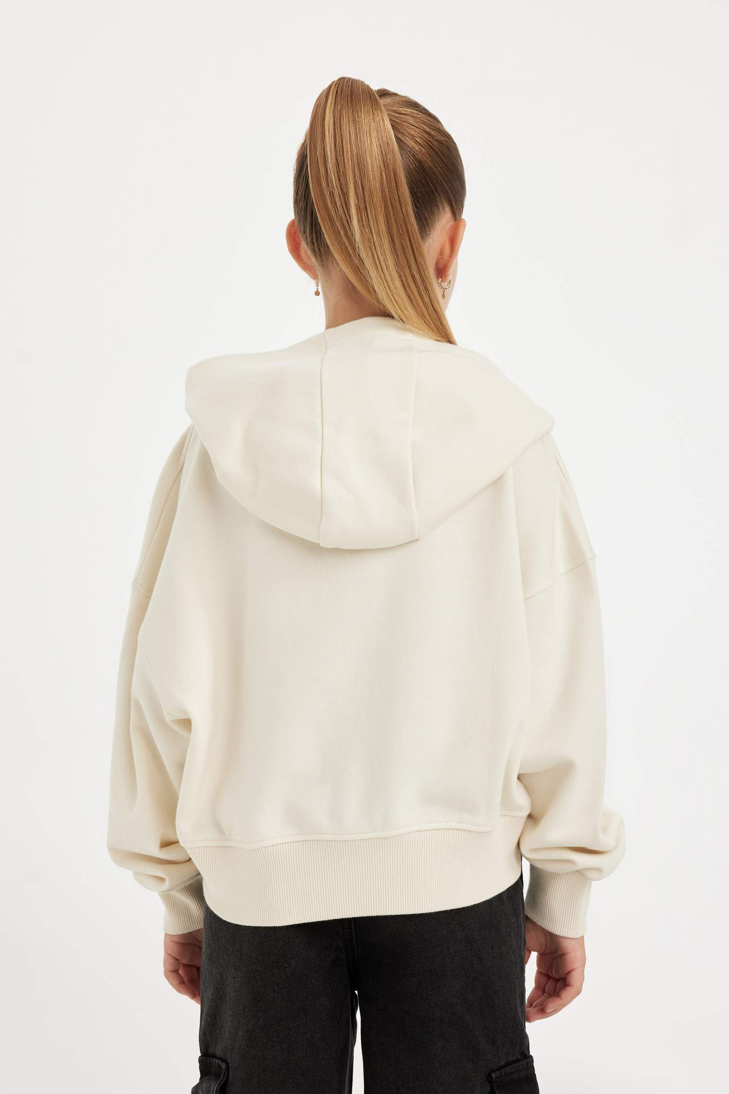 Girls Ecru Oversize Wide Pattern Hooded Embroidered Sweatshirt