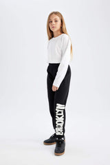 Girls Printed Black Jogger Sweatpants with Elastic Waistband