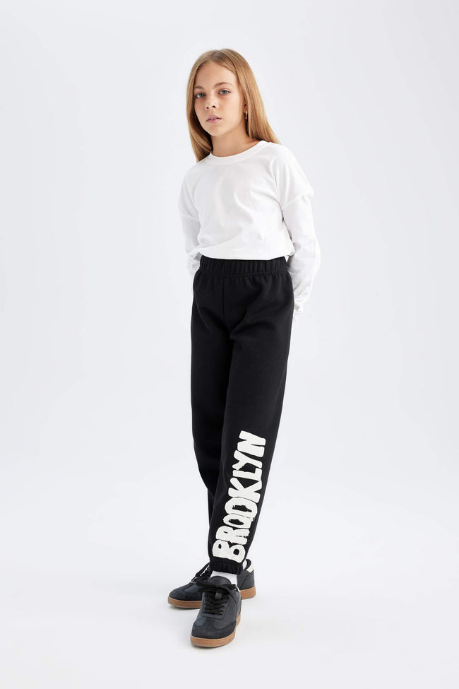 Girls Printed Black Jogger Sweatpants with Elastic Waistband Main Image
