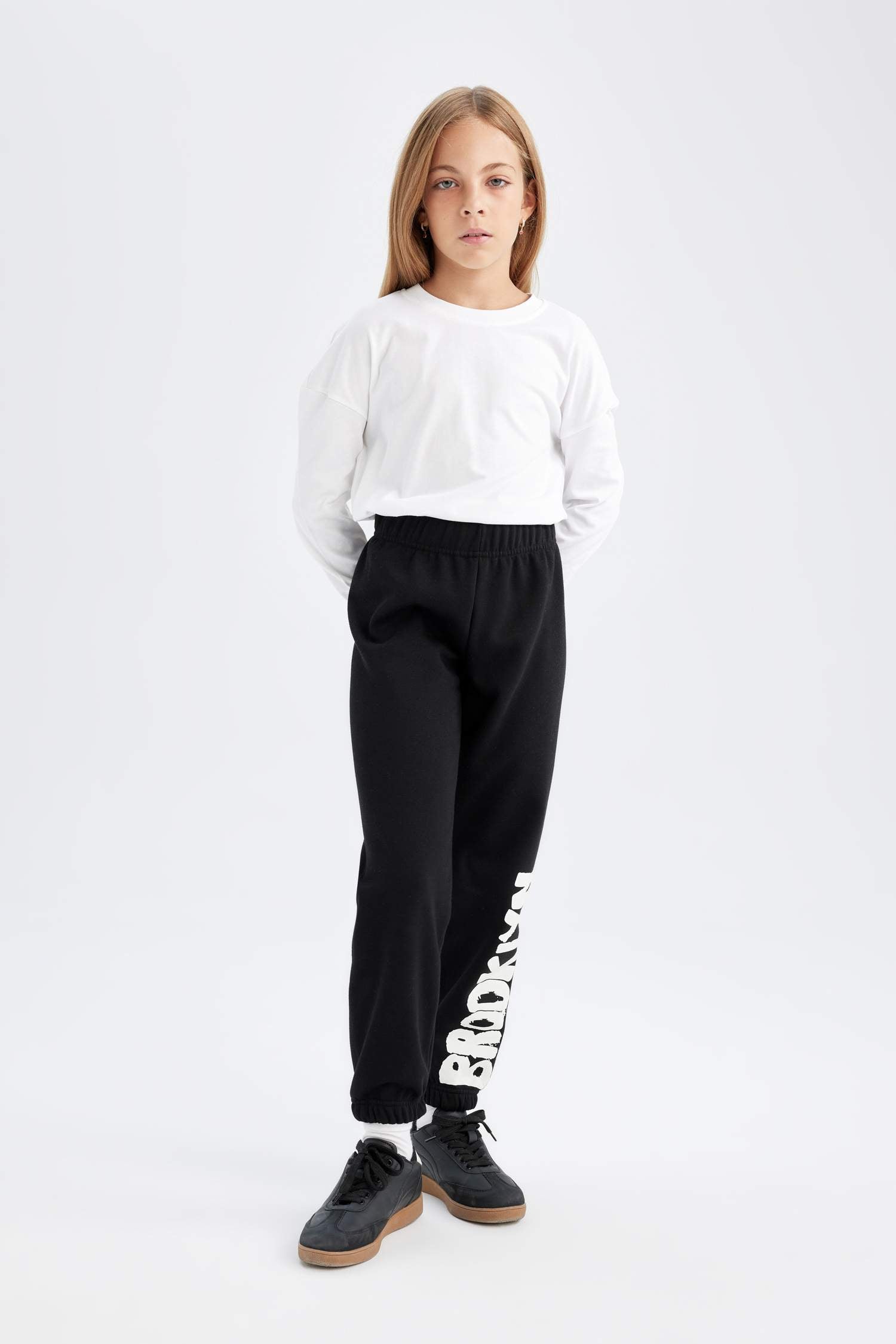 Girls Printed Black Jogger Sweatpants with Elastic Waistband