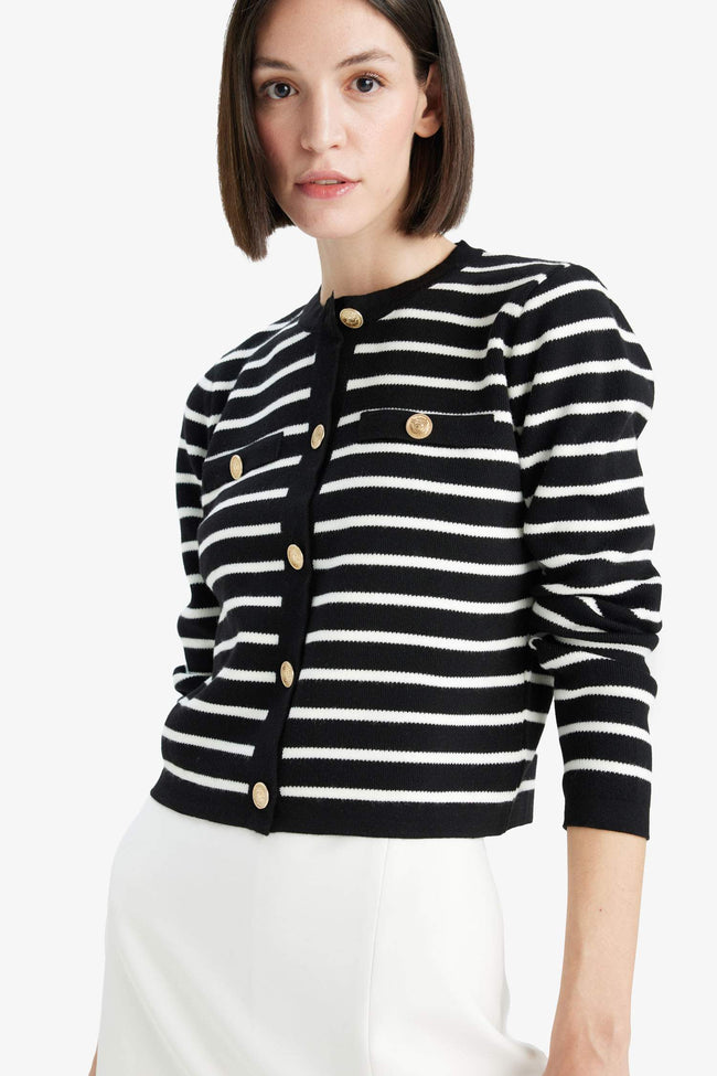 Regular Fit Crew Neck Striped Buttoned Knit Cardigan Hover Image