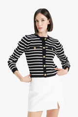 Regular Fit Crew Neck Striped Buttoned Knit Cardigan